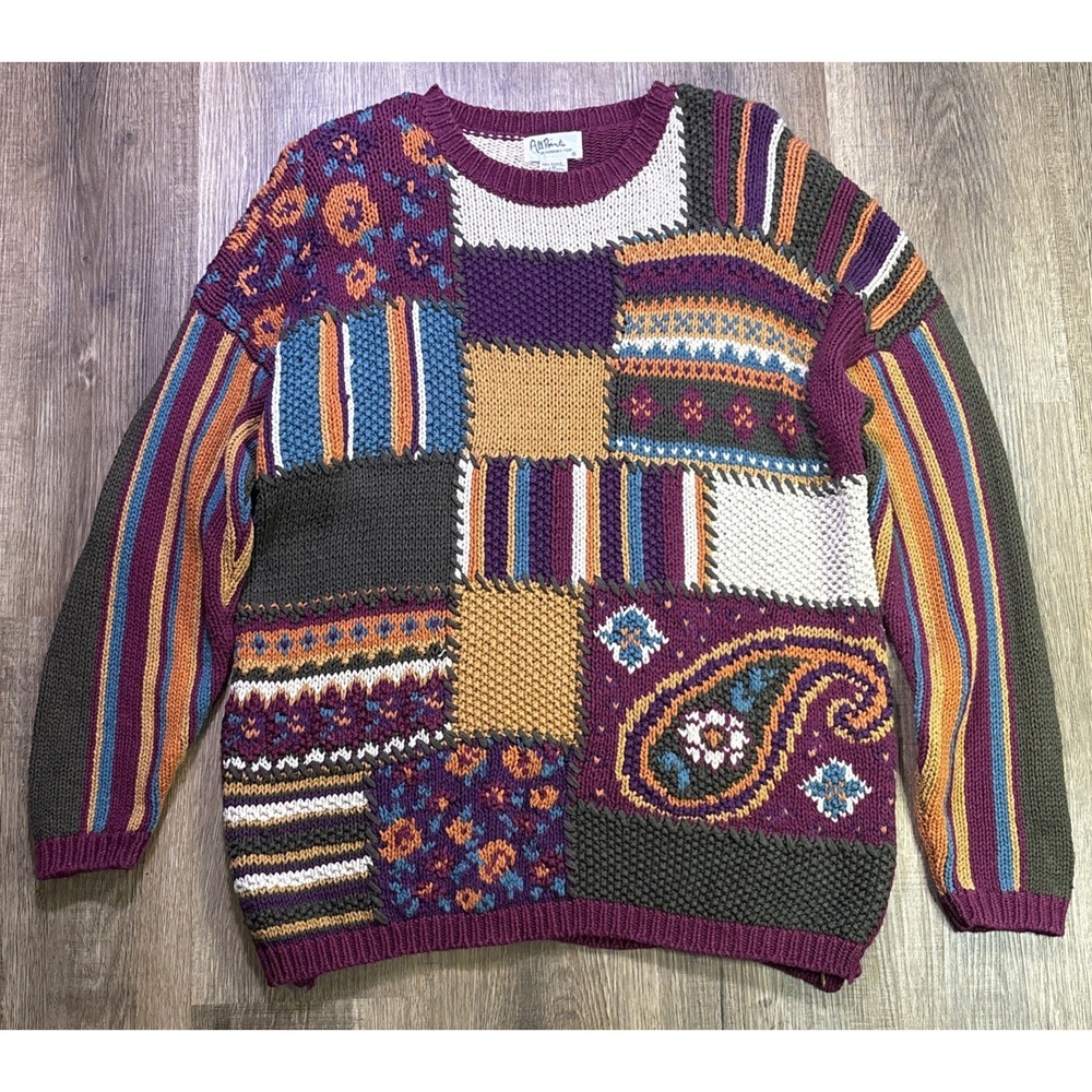 VTG Reference Point Women Knit Sweater Sz M Abstract Color Block Granny Blocks - Picture 1 of 11